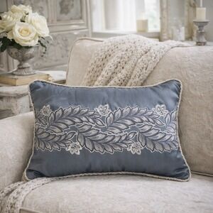 Croscill Seren Blue Boudoir Pillow 18x12 Embroidered Leaf Luxury Accent‎ Throw
